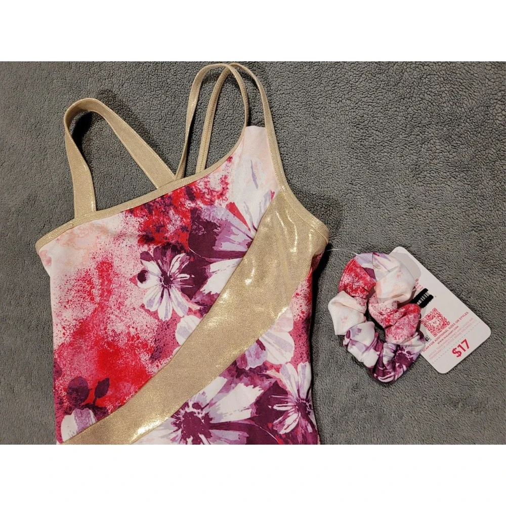 New Justice 1 Shoulder Leotard&Matching Scrunchie Gymnastic/Dance Floral GoldXL